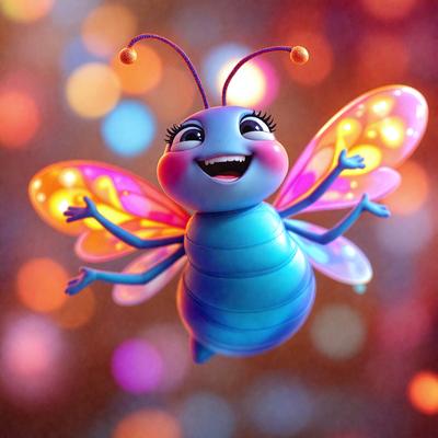 The primary subject of the image is a colorful, cartoon-like butterfly with a blue body and pink wings. The butterfly is flying in front of a background of colorful lights, creating a vibrant and lively atmosphere. The visual style of the image is digital art, as it appears to be a computer-generated or digitally-rendered illustration. The dominant colors in the image are blue and pink, with the blue butterfly and the pink lights creating a striking contrast against the